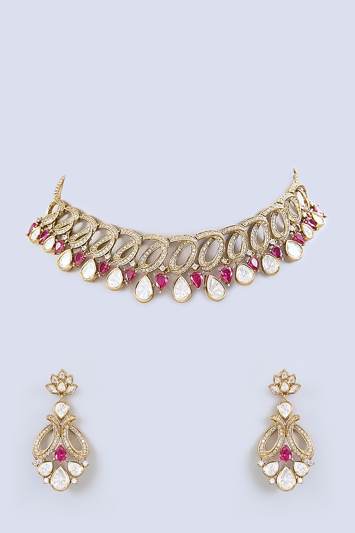 Two-Tone Finish Kundan Polki & Red Stone Necklace Set by Zevar by Geeta at Pernia's Pop Up Shop