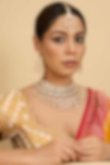 Gold Finish Moissanite & Pearl Drop Necklace Set by Zevar by Geeta at Pernia's Pop Up Shop