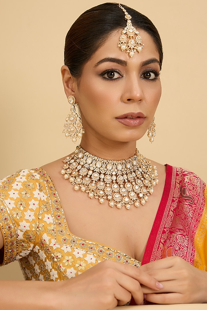 Gold Finish Moissanite & Pearl Drop Necklace Set by Zevar by Geeta at Pernia's Pop Up Shop