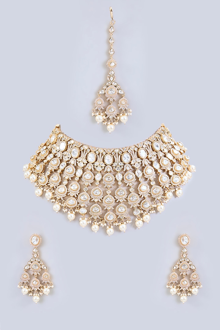 Gold Finish Moissanite & Pearl Drop Necklace Set by Zevar by Geeta at Pernia's Pop Up Shop