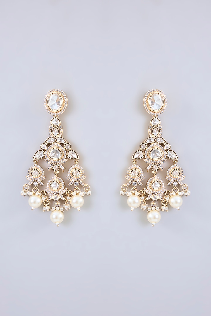 Gold Finish Moissanite & Pearl Drop Necklace Set by Zevar by Geeta at Pernia's Pop Up Shop