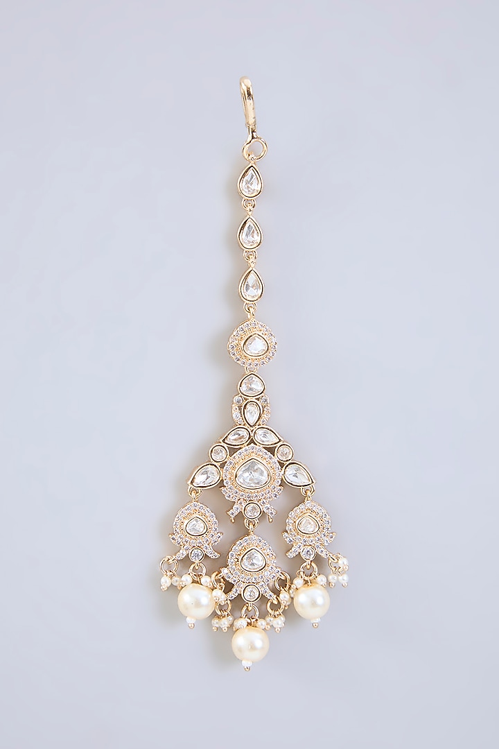 Gold Finish Moissanite & Pearl Drop Necklace Set by Zevar by Geeta at Pernia's Pop Up Shop