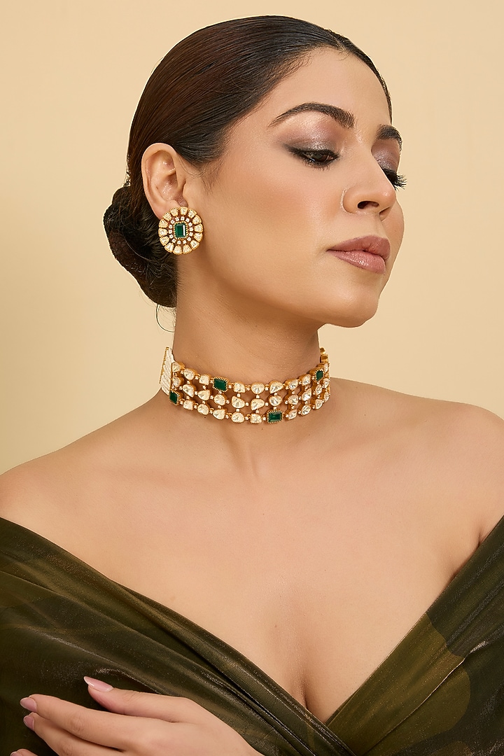 Gold Finish Moissanite & Green Stone Choker Necklace Set by Zevar by Geeta at Pernia's Pop Up Shop