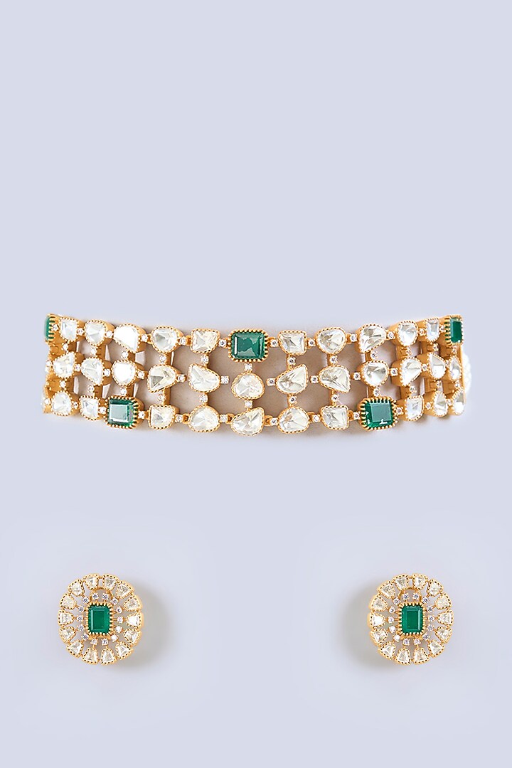 Gold Finish Moissanite & Green Stone Choker Necklace Set by Zevar by Geeta at Pernia's Pop Up Shop