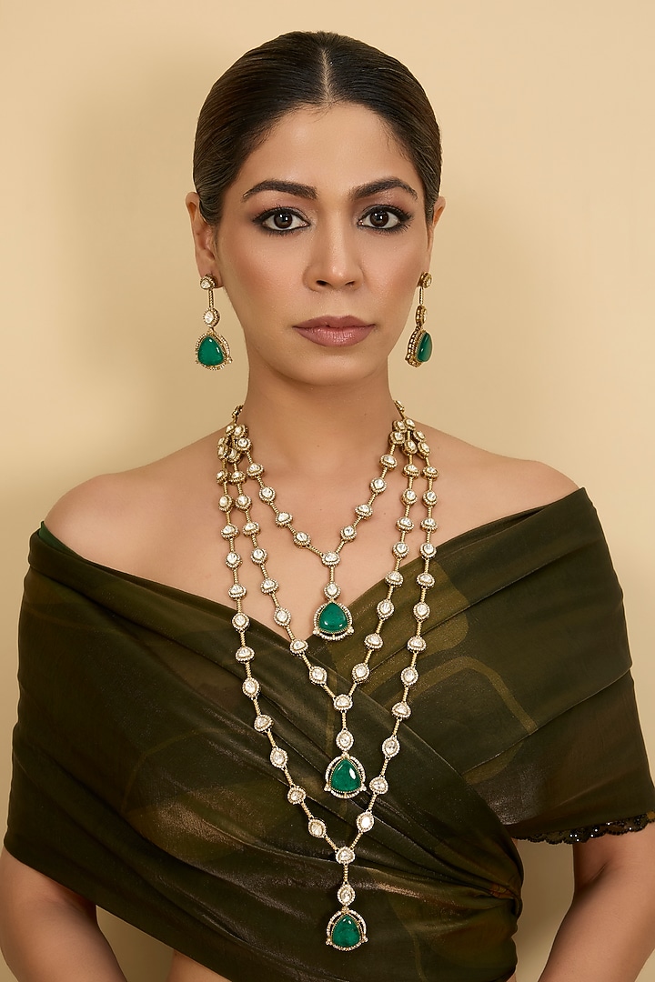 Two-Tone Finish Kundan Polki & Green Stone Layered Necklace Set by Zevar by Geeta at Pernia's Pop Up Shop