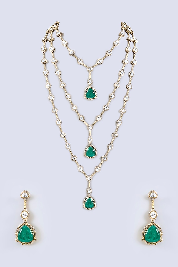 Two-Tone Finish Kundan Polki & Green Stone Layered Necklace Set by Zevar by Geeta at Pernia's Pop Up Shop