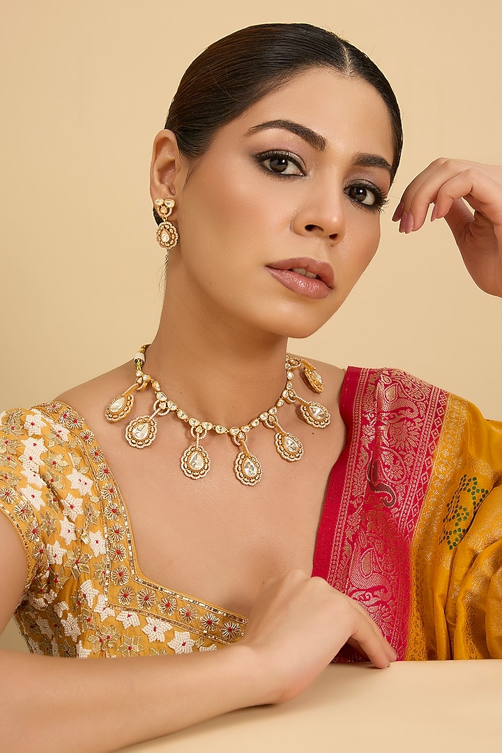 Gold Finish Moissanite Stone Necklace Set by Zevar by Geeta at Pernia's Pop Up Shop