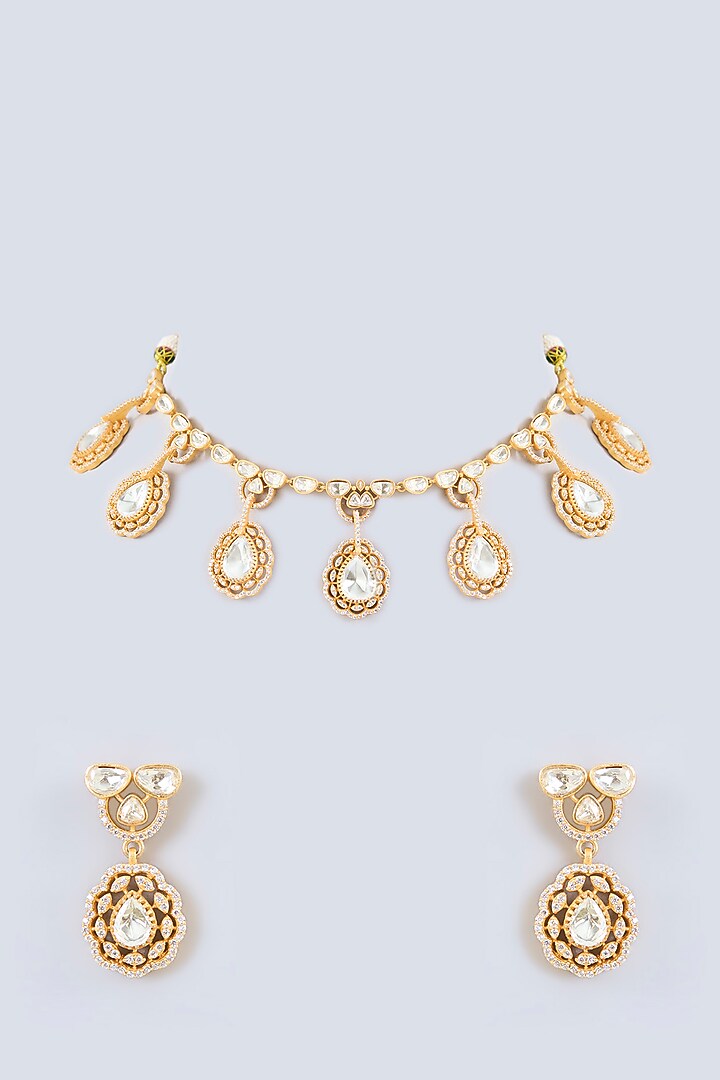 Gold Finish Moissanite Stone Necklace Set by Zevar by Geeta at Pernia's Pop Up Shop