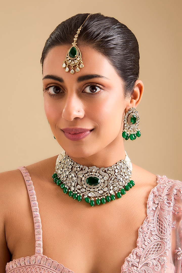 Two-Tone Finish Kundan Polki & Green Stone Choker Necklace Set by Zevar By Geeta at Pernia's Pop Up Shop
