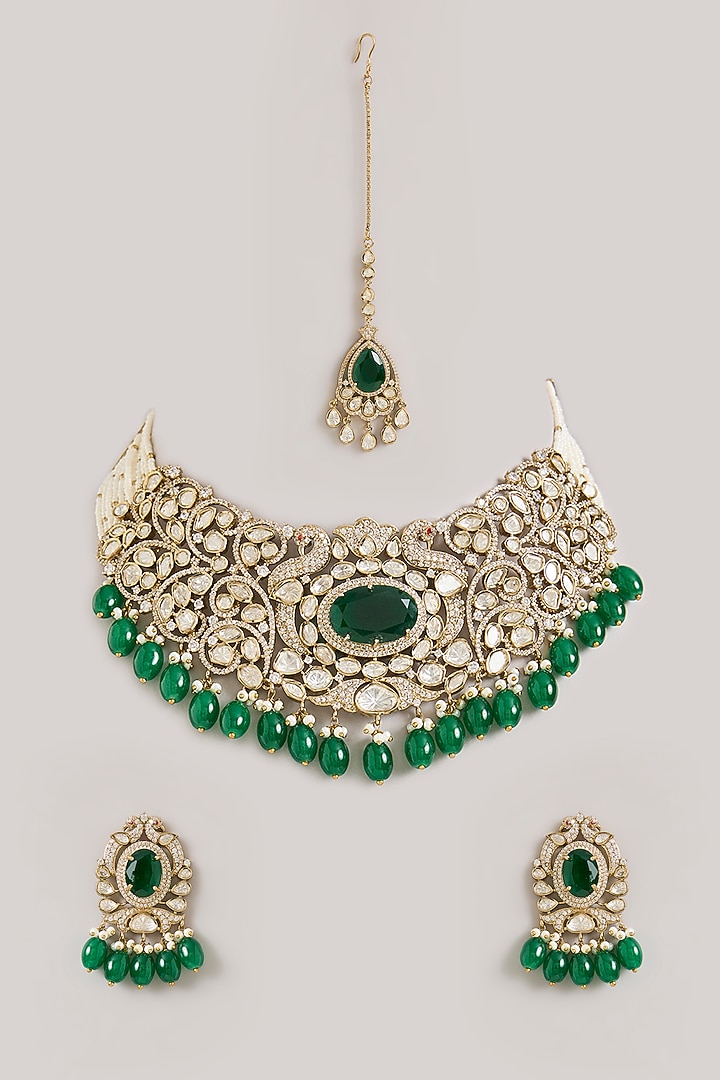 Two-Tone Finish Kundan Polki & Green Stone Choker Necklace Set by Zevar By Geeta at Pernia's Pop Up Shop