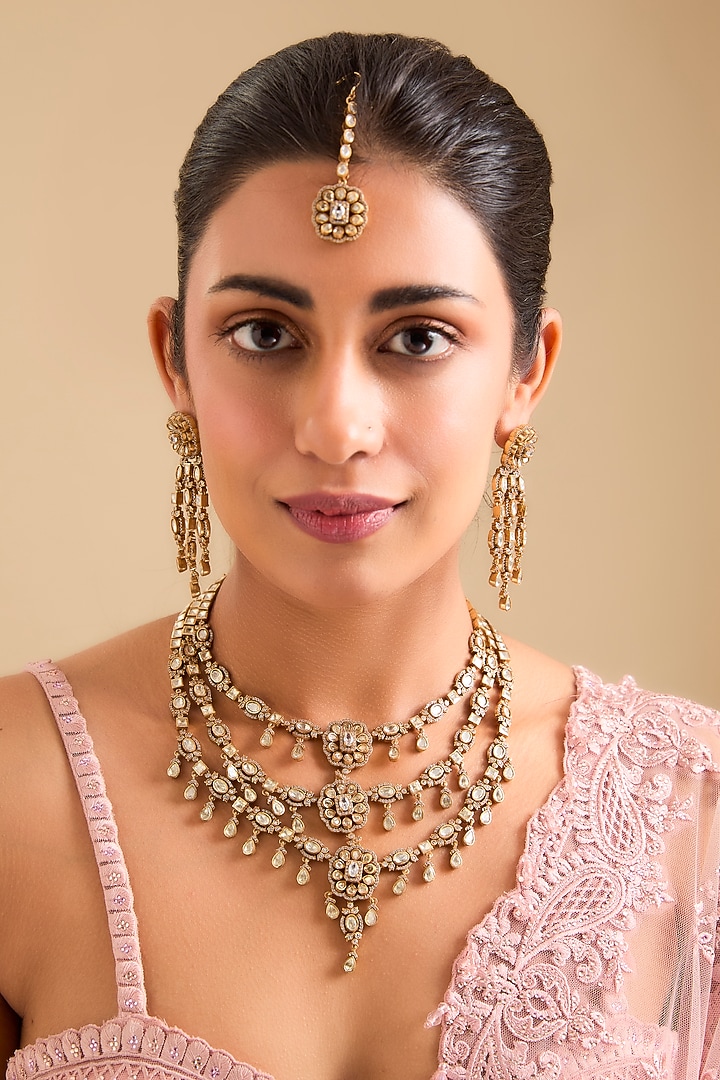 Gold Finish Moissanite Polki Layered Necklace Set by Zevar By Geeta at Pernia's Pop Up Shop