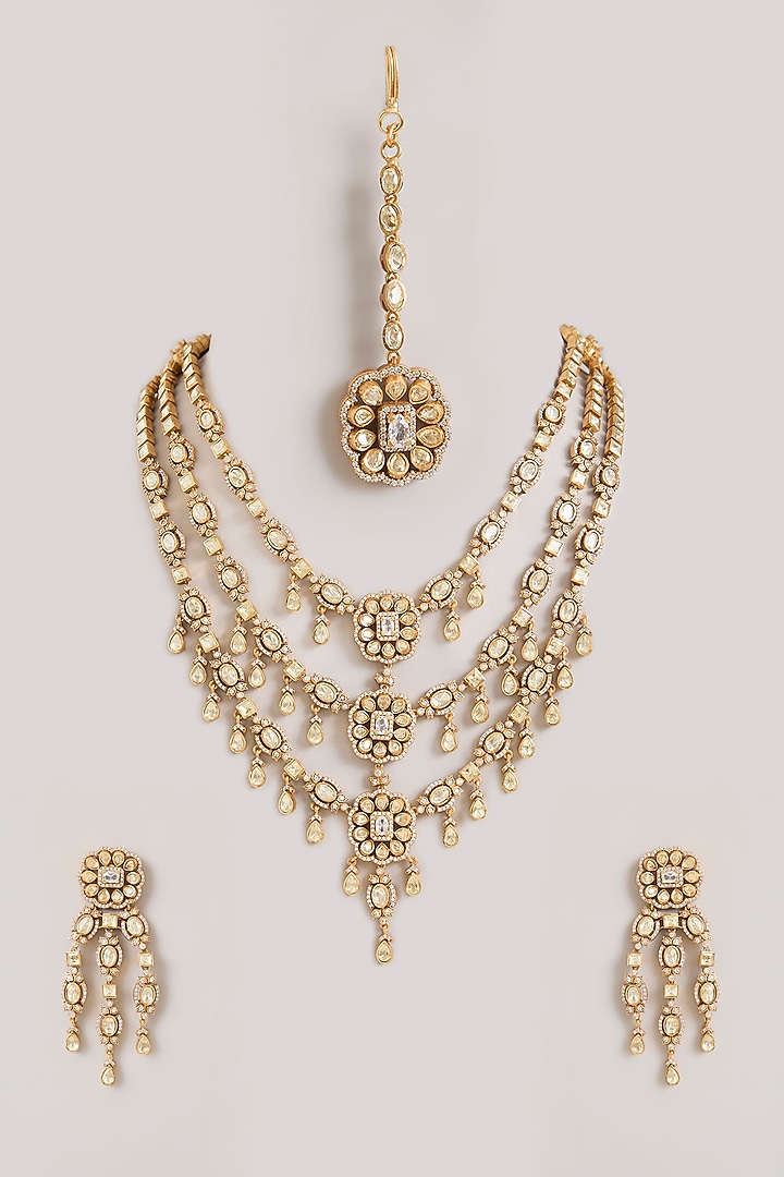 Gold Finish Moissanite Polki Layered Necklace Set by Zevar By Geeta at Pernia's Pop Up Shop