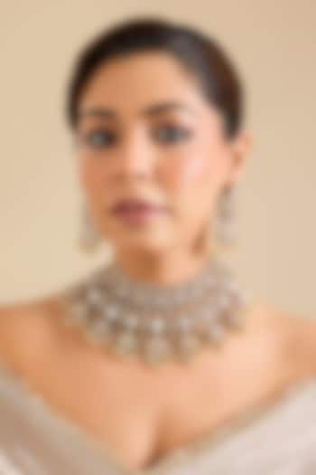 Gold Finish Moissanite Polki Necklace Set by Zevar By Geeta at Pernia's Pop Up Shop