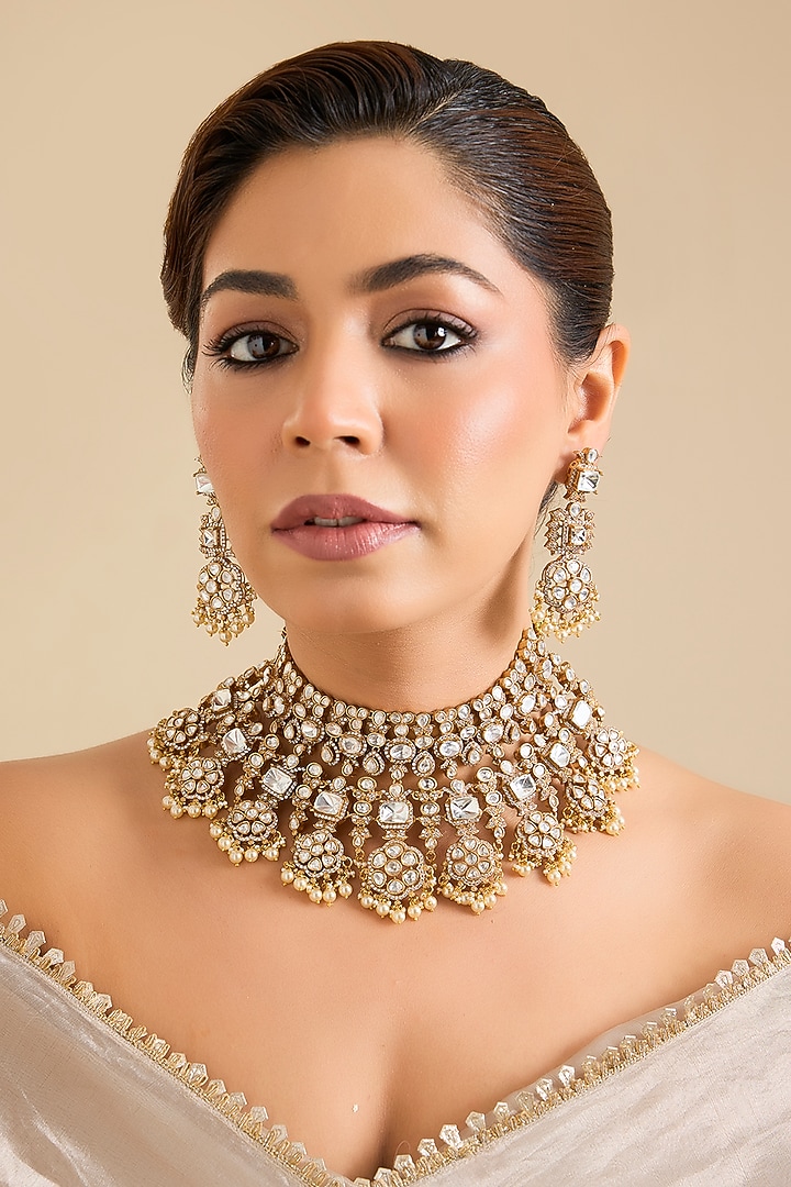 Gold Finish Moissanite Polki Necklace Set by Zevar By Geeta at Pernia's Pop Up Shop