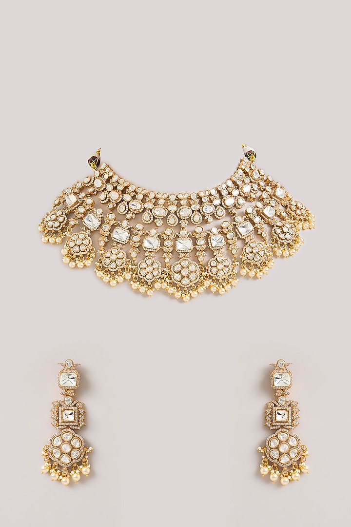 Gold Finish Moissanite Polki Necklace Set by Zevar By Geeta at Pernia's Pop Up Shop