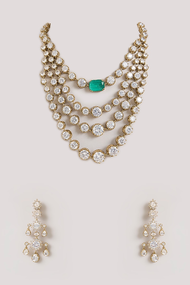 White Finish American Diamond & Emerald Stone Layered Necklace Set by Zevar By Geeta at Pernia's Pop Up Shop