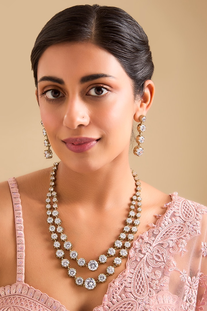 Two-Tone Finish American Diamond Layered Necklace Set by Zevar By Geeta at Pernia's Pop Up Shop