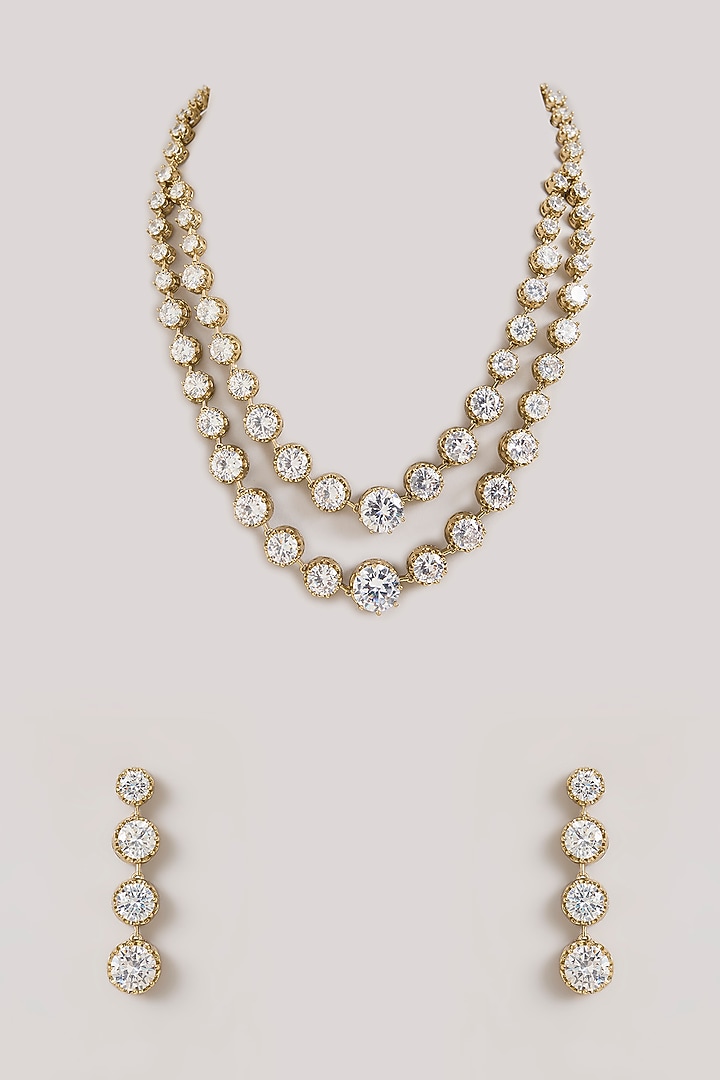 Two-Tone Finish American Diamond Layered Necklace Set by Zevar By Geeta at Pernia's Pop Up Shop