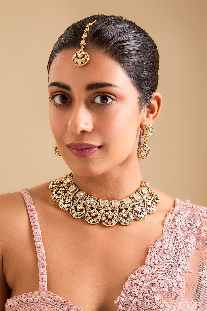 Gold Finish Moissanite Polki Necklace Set by Zevar By Geeta at Pernia's Pop Up Shop
