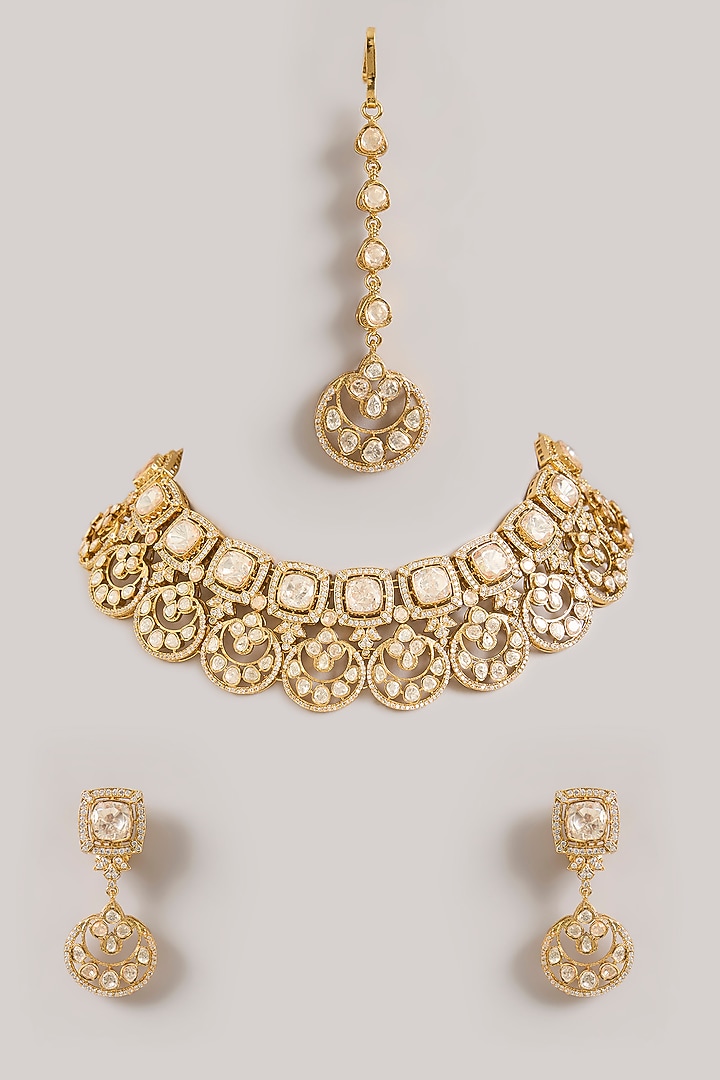 Gold Finish Moissanite Polki Necklace Set by Zevar By Geeta at Pernia's Pop Up Shop