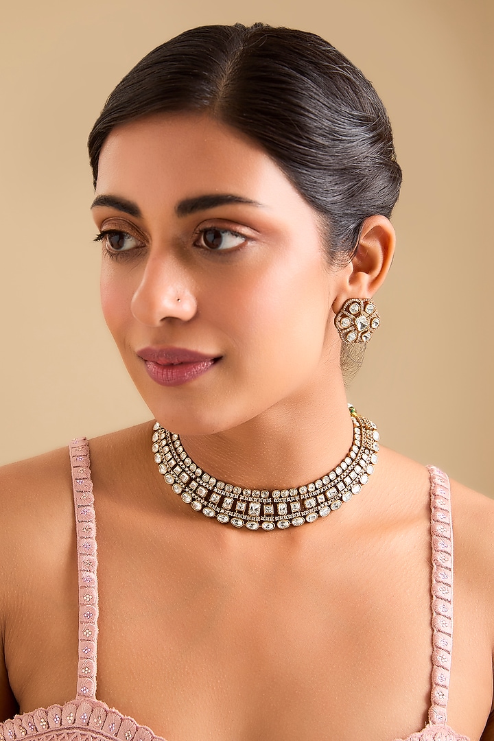 Two-Tone Finish Kundan Polki Necklace Set by Zevar By Geeta at Pernia's Pop Up Shop