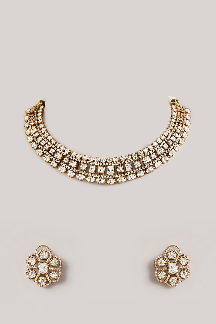 Two-Tone Finish Kundan Polki Necklace Set by Zevar By Geeta at Pernia's Pop Up Shop