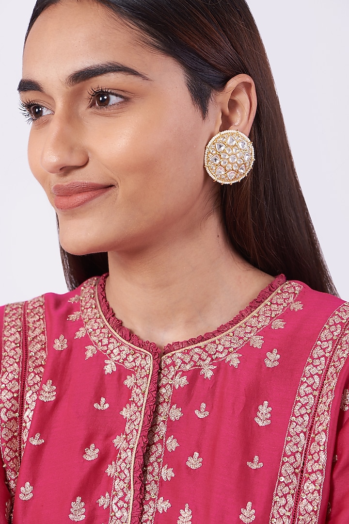 Gold Plated Kundan Polki Stud Earrings by Zevar By Geeta at Pernia's Pop Up Shop