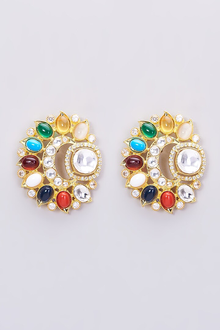 Gold Plated Navratna Stone Stud Earrings In Sterling Silver Design by  Ahilya Jewels at Pernia's Pop Up Shop 2023