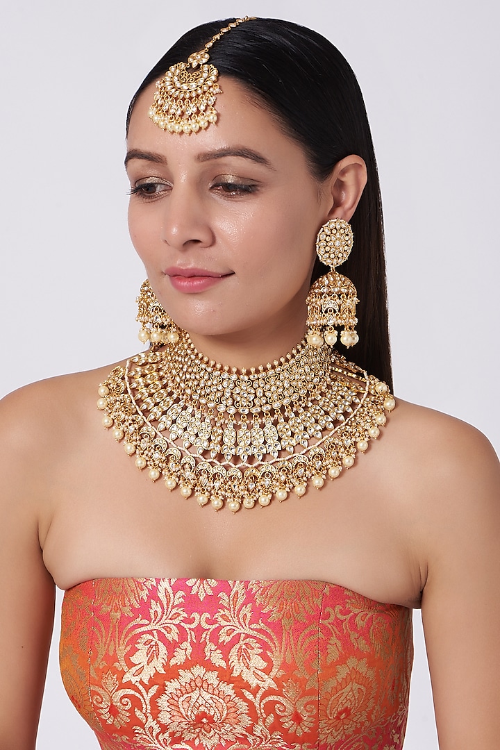 Gold Finish Kundan Polki & Pearls Bridal Necklace Set by Zevar By Geeta