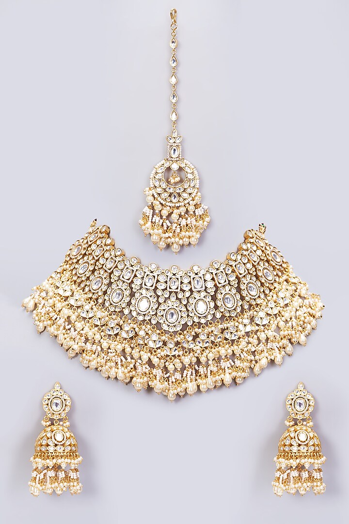 Gold Finish Pearl & Kundan Polki Necklace Set by Zevar By Geeta at Pernia's Pop Up Shop