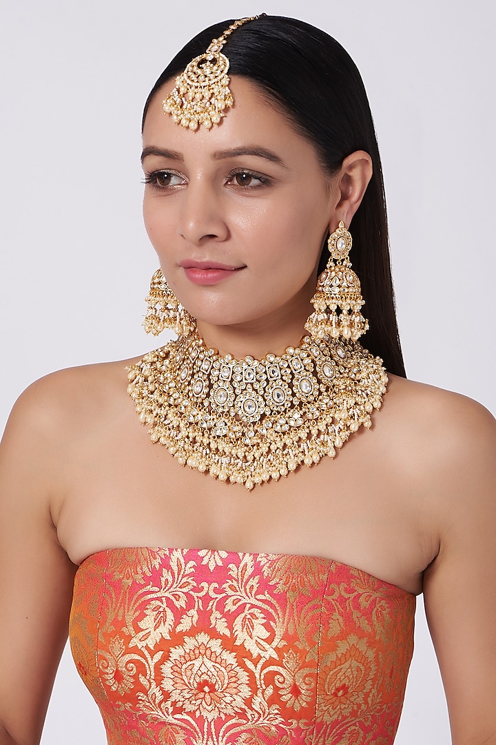 Gold Finish Pearls & Kundan Polki Bridal Necklace Set by Zevar By Geeta