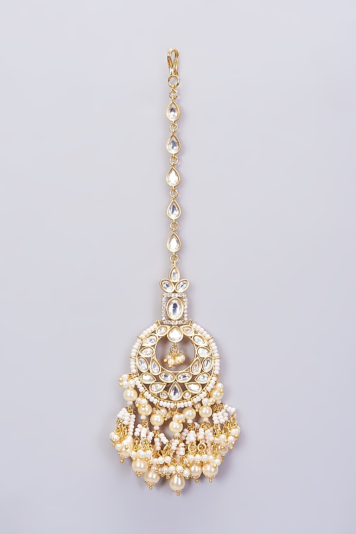Gold Finish Pearl & Kundan Polki Necklace Set by Zevar By Geeta at Pernia's Pop Up Shop