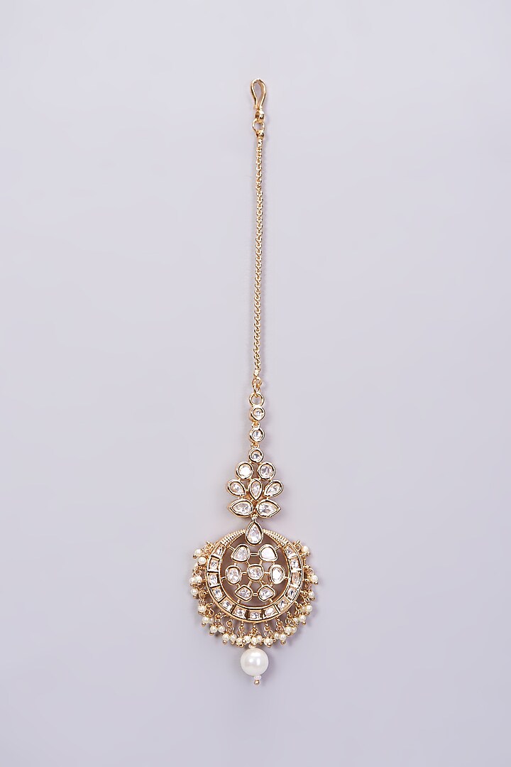 Gold Finish Kundan Polki & Pearl Necklace Set by Zevar By Geeta at Pernia's Pop Up Shop
