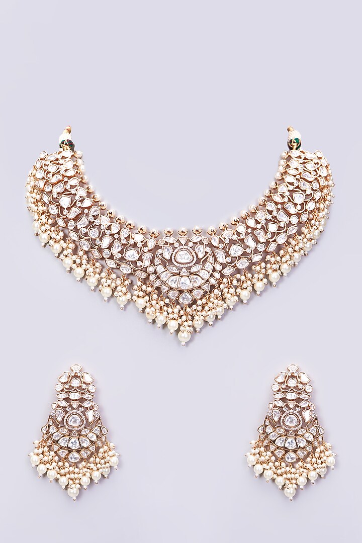 Gold Plated Kundan Polki & Pearl Necklace Set by Zevar By Geeta at Pernia's Pop Up Shop