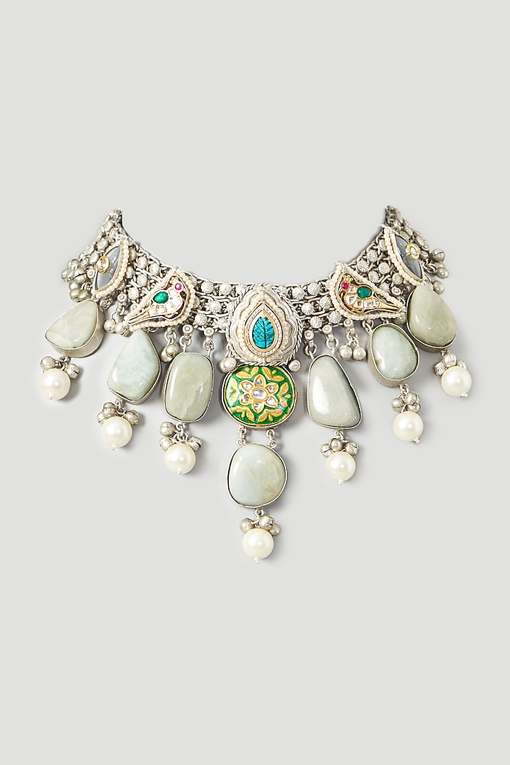 Oxidised Finish Kundan Polki & Multi-Colored Natural Stone Choker Necklace by Zevar By Geeta