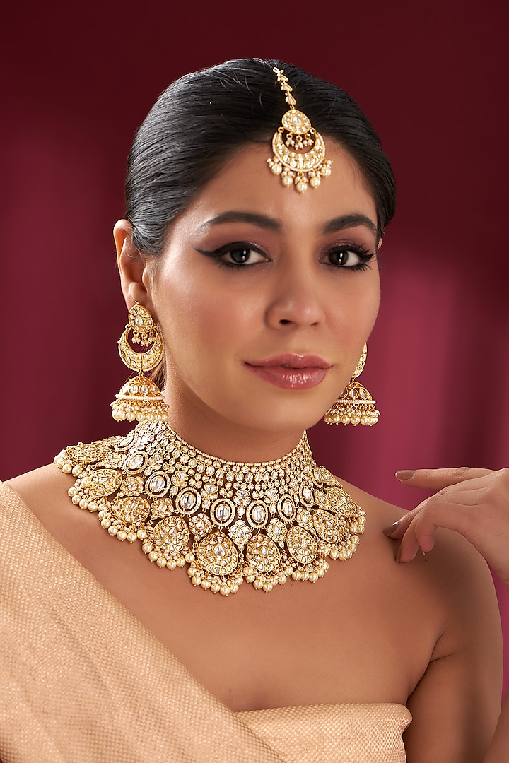 Gold Finish Kundan Polki Choker Necklace Set by Zevar by Geeta at Pernia's Pop Up Shop