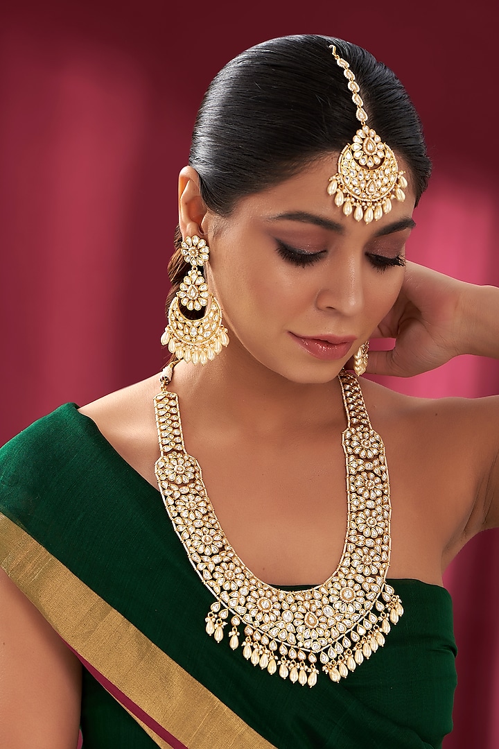 Gold Plated Kundan Polki Long Necklace Set by Zevar by Geeta at Pernia's Pop Up Shop