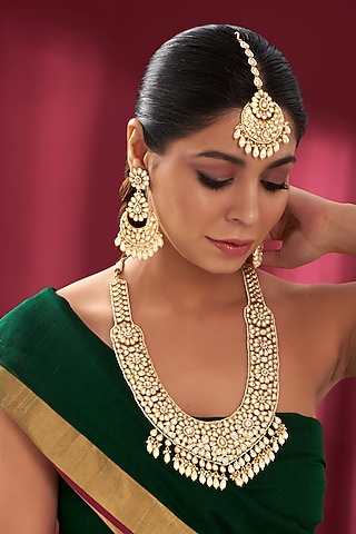 Gold Plated Kundan Polki Long Necklace Set by Zevar by Geeta