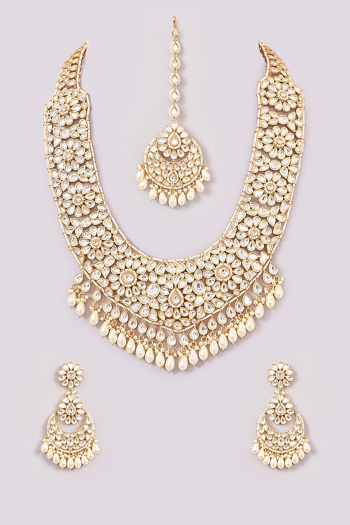 Gold Plated Kundan Polki Long Necklace Set by Zevar by Geeta at Pernia's Pop Up Shop