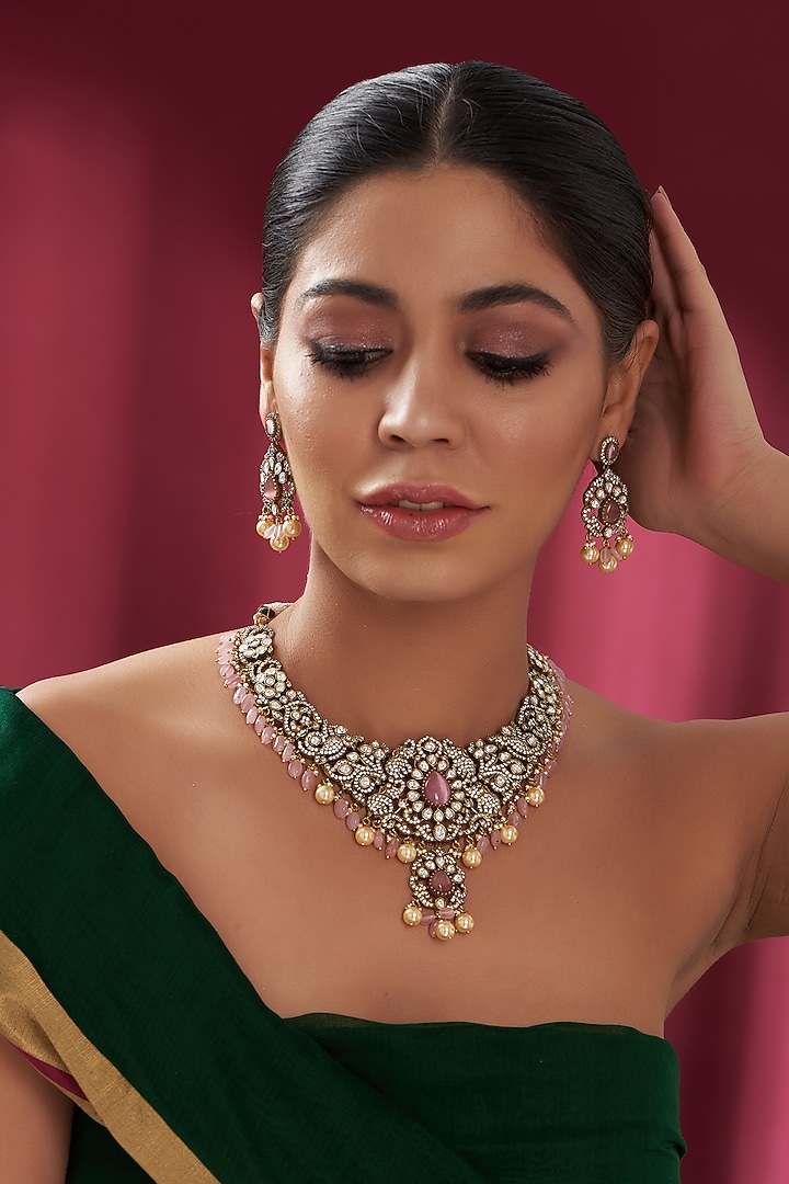 Black Rhodium Finish Pink Stone & Pearl Necklace Set by Zevar by Geeta at Pernia's Pop Up Shop