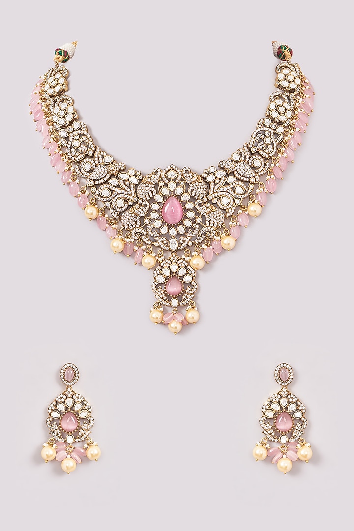 Black Rhodium Finish Pink Stone & Pearl Necklace Set by Zevar by Geeta at Pernia's Pop Up Shop