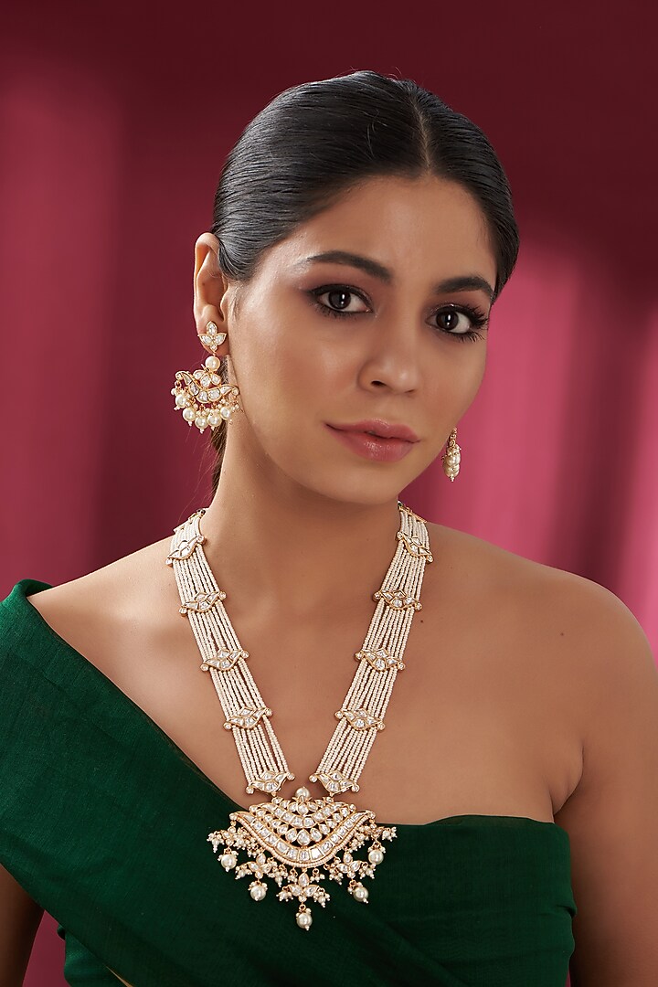 Gold Plated Kundan Polki & Pearl Long Necklace Set by Zevar by Geeta at Pernia's Pop Up Shop