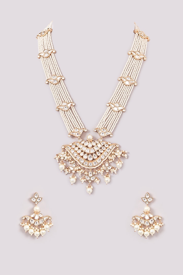 Gold Plated Kundan Polki & Pearl Long Necklace Set by Zevar by Geeta at Pernia's Pop Up Shop