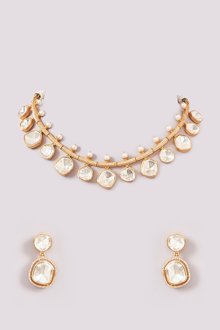 Gold Plated Moissanite Polki Choker Necklace Set by Zevar by Geeta at Pernia's Pop Up Shop