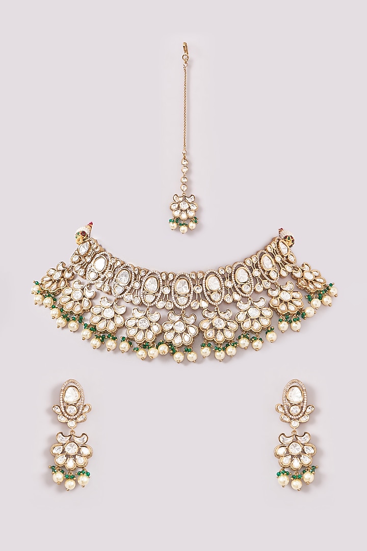Black Rhodium Finish Kundan Polki Necklace Set by Zevar by Geeta at Pernia's Pop Up Shop