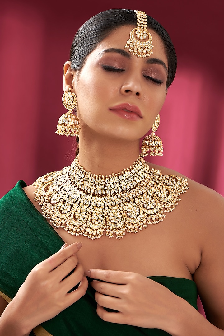 Gold Plated Kundan Polki Choker Necklace Set by Zevar by Geeta at Pernia's Pop Up Shop