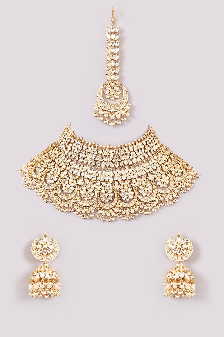 Gold Plated Kundan Polki Choker Necklace Set by Zevar by Geeta at Pernia's Pop Up Shop