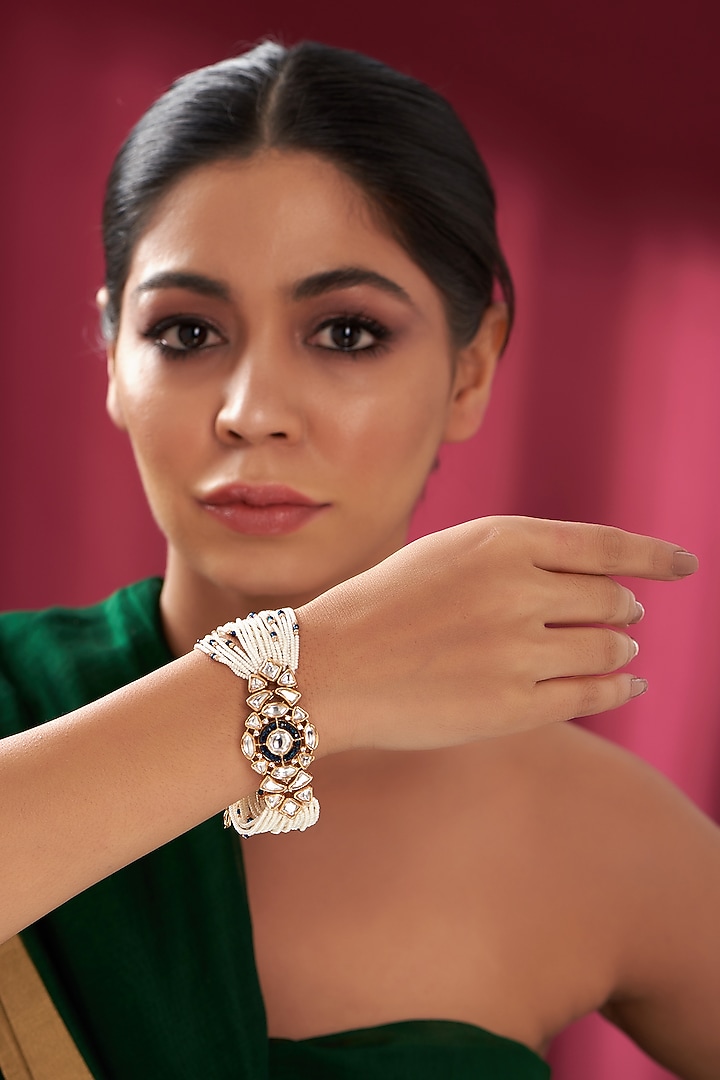 Gold Finish Kundan Polki & Pearl Bracelet by Zevar by Geeta at Pernia's Pop Up Shop