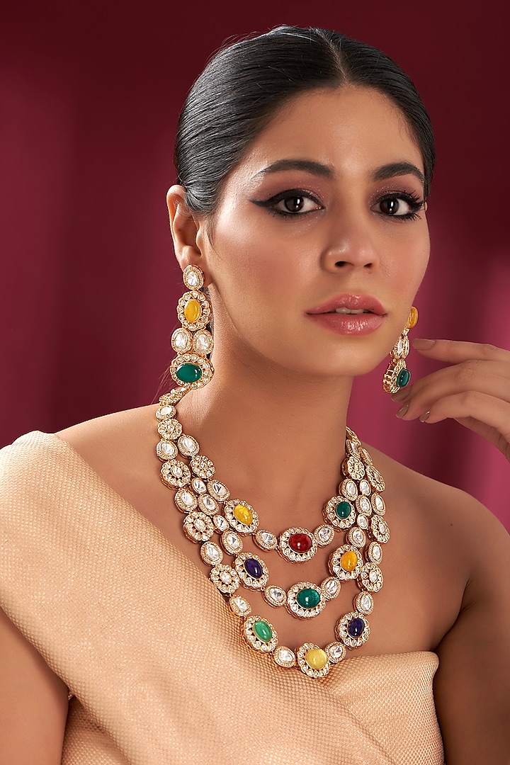 Gold Plated Kundan Polki & Multi-Colored Stone Long Layered Necklace Set by Zevar by Geeta at Pernia's Pop Up Shop