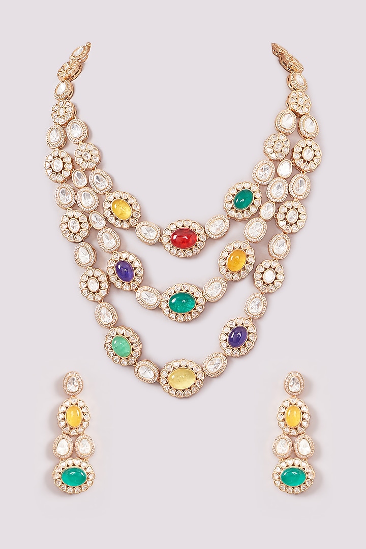 Gold Plated Kundan Polki & Multi-Colored Stone Long Layered Necklace Set by Zevar by Geeta at Pernia's Pop Up Shop